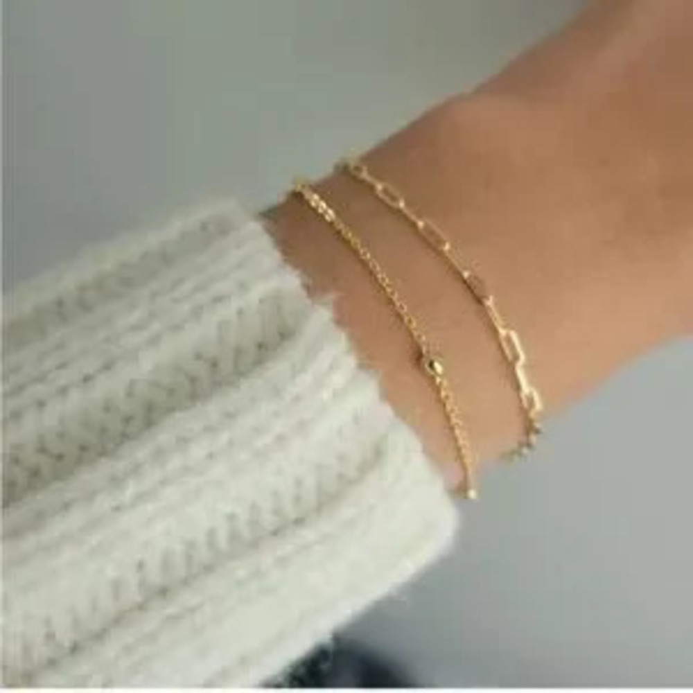 14k Gold Plated 2pc Paperclip Beaded Bracelet Set - Picture 4 of 4